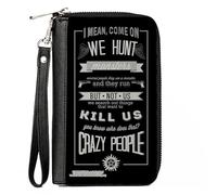 Buckle-Down Supernatural Geldbörse mit Reißverschluss, Supernatural Dean Crazy People Zitat/Winchester Pentagramm, Schwarz/Grau, veganes Leder, Schwarz, 7.5"x4.5", Casual