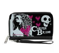 Buckle-Down The Corpse Bride Geldbörse mit umlaufendem Reißverschluss, The Corpse Bride Emily Hearts and Skull Black White Pink, Veganes Leder