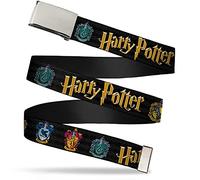 Buckle-Down Webgürtel Harry Potter, Harry Potter Hufflepuff/Ravenclaw/Gryffindor/Slytherin Wappen, Schwarz - mehrfarbig - 3 cm Breit- 107 cm hosengröße