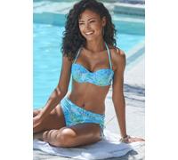 Bügel-Bandeau-Bikini-Top SUNSEEKER "Lapa", Damen, Gr. 40, Cup E, blau (türkis bedruckt), Microfaser, Recycling-Polyamid, bedruckt, Bikini-Oberteile, mit tropischem Print (44001501-40) türkis bedruckt