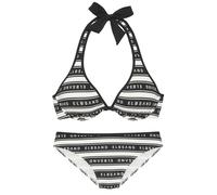 Bügel-Bikini ELBSAND "Zone", Damen, Gr. 40, Cup F, schwarz-weiß (weiß, schwarz), Recycling-Polyamid, gestreift, Bikini-Sets, mit kontrastfarbenen Streifen und Schriftzügen (90058721-40) weiß, schwarz