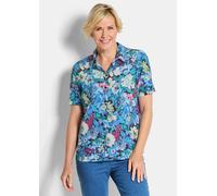 Hemdbluse GOLDNER "Kurzgröße Blusenshirt mit floralem Print", Damen, Gr. 20, blau (blau, gemustert), Obermaterial: 100% Polyester PES., gerade, Blusen Hemdbluse, keine (46089564-20) blau, gemustert