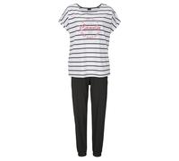 Pyjama BUFFALO Gr. 40/42, beige (ecru, gestreift, schwarz) Damen Homewear-Sets Pyjamas im Streifenlook mit farbigem Frontprint (884286-40)