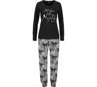 Pyjama BUFFALO, Damen, Gr. 40/42, schwarz (schwarz, gemustert), Single Jersey, Obermaterial: 100% Baumwolle, unifarben, bequem lang, Rundhals, eingesetzt Rippbündchen, Homewear-Sets Pyjama, gemusterte