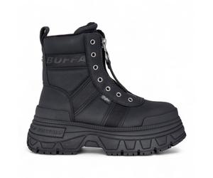 Buffalo Damen Schwarze Chunky Plateau-Kampfstiefel mit Frontreißverschluss - Fusion EU40