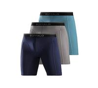 Langer Boxer BUFFALO "Boxershorts für Herren", Herren, Gr. XL, 3 Stk., blau (aquablau, grau, navy), Jersey, Obermaterial: 92% Baumwolle, 8% Elasthan (LYCRA), unifarben, körpernah, Unterhosen, mit lang