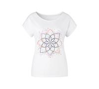 T-Shirt BUFFALO "mit modischem Frontdruck", Damen, Gr. 44/46, weiß, Single Jersey, Obermaterial: 100% Baumwolle, unifarben mit Farbeinsätzen, bequem, Rundhals, mit Aufschlag, Shirts T-Shirt, Sommershi