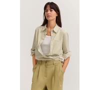Hemdbluse BUGATTI "Brusttasche", Damen, Gr. 48, beige (130, moos), Canvas, 71% Baumwolle, 26% Polyamid, 3% Elasthan, gestreift, normal, ohne Ausschnitt, Blusen Hemdbluse, aus einer Baumwollmischung (3