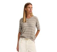 Rundhalspullover BUGATTI "Gestreift", Damen, Gr. M, 50, beige, Rippstrick, 80% Baumwolle, 20% Polyamid, gestreift, regular fit, Rundhals, Pullover Rundhalspullover, mit kurzem Arm und Knopfleiste (335