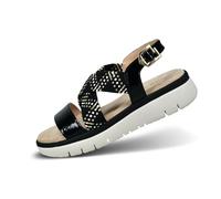 bugatti Damen Sandalen in Schwarz mit gestrickten Obermaterialien, lackierten Riemen, modernen Farbakzenten und weichen Textileinlegesohlen. black/offwhite 38 EU