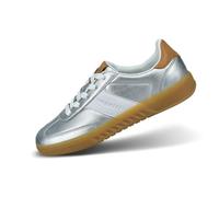 bugatti Damen-Silber-Sneaker mit cognacbraunen Akzenten, haftenden Gummisohlen und gestreiften Rillen, Silber/Cognac, 42 EU