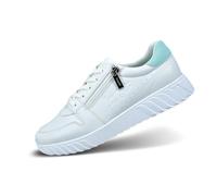 bugatti Damen-Weiße Sneakers mit Chunky Featherlight Eva-Sohlen, gestreifter Prägung, Reißverschlussdetail und dekorativen Perforationen weiß/hellgrün 38 EU