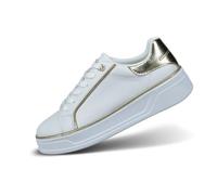 bugatti Damen-Weiße Sneakers mit Goldenen Details, Logo-Akzenten, Klobigen Gummisohlen und Stilvollem Design für Legere Kleidung, weiß/Gold, 39 EU