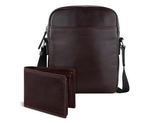 bugatti Savona Set Schultertasche & Geldbörse aus Büffelleder, Geldbeutel RFID-Schutz, Umhängetasche & Portemonnaie mit Stoffbeutel