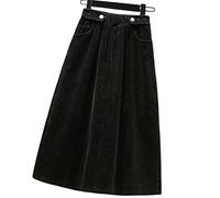 BUJNIE Midi-Rock große Größe für Frauen, Rock aus geripptem Samt, Trapezrock, langer Rock für Frauen, Herbst und Winter, Röcke mit hoher Taille, Schwarz , 5X-Large