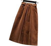 BUJNIE Midi-Rock große Größe für Frauen, Rock aus geripptem Samt, Trapezrock, langer Rock für Frauen, Herbst und Winter, Röcke mit hoher Taille, auburn, XL