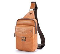BULLCAPTAIN Samll Herren-Crossbody-Rucksack aus Leder mit Schulterriemen, Brusttasche für Wandern, Reisen, Gelb-Braun, Small, Klassischer Vintage-Stil