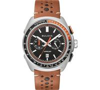 Bulova Chrono Racer men's watch black background 98B427 steel case brown leather strap