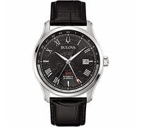 Bulova Classic Wilton GMT Herren Armbanduhr aus Edelstahl und Leder in der Farbe Silber-Schwarz 43mm, Wasserdichtigkeit: 3Bar, 96B387