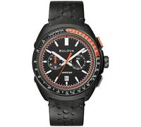 Bulova Herren-Chronograph, Racer-Chronograph, schwarzes Leder, perforiertes Armband, schwarzes Zifferblatt, leuchtende Markierungen, orangefarbene Akzente, Tachymeter 42 mm (Stil: 98B428)