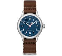 Bulova Herren Militär A11 Edelstahl 3-Zeiger Hack Automatikuhr braunes Lederband und blaues Zifferblatt Stil:96A282