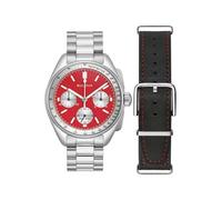 Bulova Pilot Mondquarzuhr 43,5 mm mit Chronograph, Kalender, Edelstahlarmband und zusätzlichem Wechselarmband aus schwarzem Leder, rot
