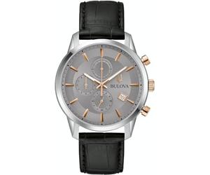 Bulova Sutton Chronograph Uhr für Herren in der Farbe Schwarz mit Armband aus Leder, Wasserdichtigkeit: 3 bar, Gehäusedurchmesser: 41 mm, 98B409