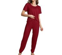 Bunanphy Damen Loungewear Elegantes Pyjamas Set für Frauen Kurzarm Nachtwäsche Weiches Oberteil & Lose Lange Hose Schlafanzug Pjs Set #B Rot Mittel