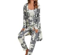 Bunanphy Pyjamas Set for Women Long Sleeve Nightwear Soft Floral Cami Top & Long Pant Sleepwear with Long Robe Pjs Set #A Grau Groß
