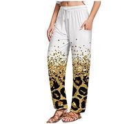 Bundfaltenhose Damen High Waist Cargohose Damen Schwarz Radlerhose Damen Kurz High Waist Elastische Taille Leoparden Druck Freizeithose Mit Taschen Tunnelzug Stretch Jogginghose Pants Damen (Weiß, M)