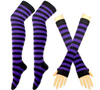 BundleMall Gestreifte lange Strickhandschuhe, kniehohe Streifen, Socken, Leggings, Party-Kostüm, Zubehör, 2 Paar, Schwarz/Violett, One size