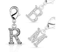 Bungsa M - Silberner Buchstaben Kristall Charm Anhänger für Bettelarmband Halskette Zirkonia Damen Herren Kinder A B C D E F G H I J K L M N O P R S T U V W Z