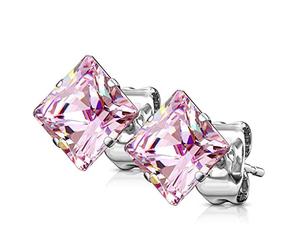 Bungsa PK Pink Zirkonia Ohrstecker Kristall rund Edelstahl Prinzessin Schliff 1 Paar für Damen (Ohrstecker Ohrringe Ohrhänger Creolen Ohrschmuck Ohrklemmen Damen Frauen Herren Mode)
