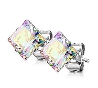 Bungsa Regenbogen AB Zirkonia Ohrstecker Kristall quadratisch Edelstahl Prinzessin Schliff 1 Paar für Damen (Ohrstecker Ohrringe Ohrhänger Creolen Ohrschmuck Ohrklemmen Damen Frauen Herren Mode)