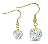 Bungsa Regenbogen Shamballa Ohrhänger Discokugel gold Ferido Kristall 10mm - 1 Paar Edelstahl (Ohrringe Rainbow Aurore Boreale Ohrstecker Creolen Ohrschmuck Ohrklemmen Damen Frauen Herren Mode)