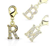 Bungsa S - Buchstaben Charm Gold 14 Karat Anhänger für Kette Armband Ohrringe Kristall Damen Herren (Kettenanhänger Pendant Beads A B C D E F G H I J K L M N O P Q R S T U V W X Y Z Brass Schmuck)