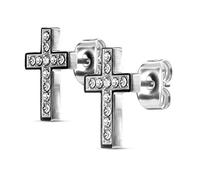 Bungsa Silber - Kreuz Ohrstecker kristallbesetzt Edelstahl | 1 Paar | (Ohrringe Ohrschmuck Ohrklemmen Studs Damen Frauen Herren Mode Earrings)