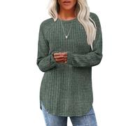 BUNSLOOM Langarmshirt Damen Leicht Oversize Pulli Sweatshirt Lose T Shirts Lässig Elegante Oberteile Rundhals Herbst Tunika Grün XL