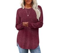 BUNSLOOM Pullover Damen Langarmshirt Leicht Strickpullover Gebogener Saum Herbst Winter 2025 Tunika Rundhals Oberteile Rot 2XL