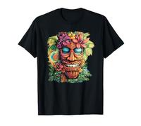 Bunte polynesische Tiki-Maske, floraler tropischer Sonnenuntergang T-Shirt