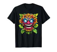 Bunte Tiki-Maske mit Blumen und Blättern T-Shirt