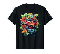 Bunte Tiki-Maske mit tropischen Blättern und Blumen T-Shirt