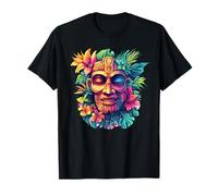 Bunte Tribal-Tiki-Maske mit tropischen Blumen T-Shirt