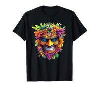 Bunte Tropische Tiki-Maske mit Blumen T-Shirt