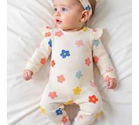 Bunter Cartoon-Muster Neugeborenen-Herzfull-Muster Baby-Jumpsuit, gemütlicher gestrickter Romper mit Stirnband, lässige Hauskleidung