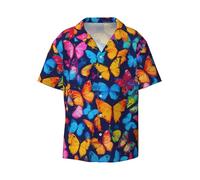 Buntes Schmetterlings-Hemd für Herren, kurzärmelig, Button-Down-Shirt, modisches und bequemes Sommerhemd, Schwarz , 3XL