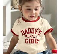 Burgunderrot und cremeweiß Kontrast, süßer "Daddy's Little Girl" Schriftzug, Baby Mädchen Lässig Minimalist Kurzarm Rundhals T-Shirt, geeignet für Frü