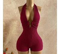 Burgunderroter strukturierter Strick-Jumpsuit mit rundem Ringdekor, elegant für Ausflüge und Urlaub, sexy