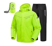 Burjosy Regenanzug Herren, Wasserdicht Regenjacke Regenhose, Packbare Leicht Reflektierende Windjacke mit Kapuze, Atmungsaktiv Fahrrad Regenmantel für Outdoor Wandern Camping