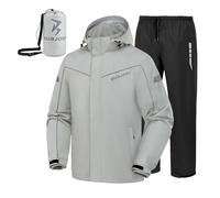 Burjosy Regenanzug Herren, Wasserdicht Regenjacke Regenhose, Packbare Leicht Reflektierende Windjacke mit Kapuze, Atmungsaktiv Fahrrad Regenmantel für Outdoor Wandern Camping